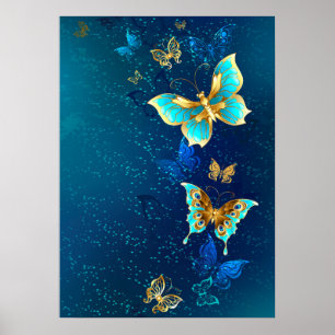 Poster Papillons d'or sur un Arrière - plan bleu