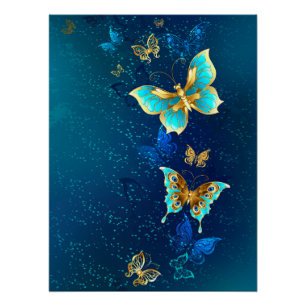 Poster Papillons d'or sur un Arrière - plan bleu