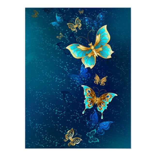 Poster Papillons d'or sur un Arrière - plan bleu (Devant)