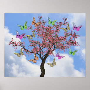 Poster Papillons Et Arbre À Fleurs