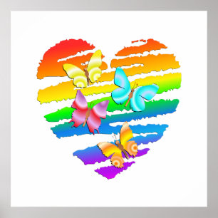 Poster Papillons et Coeur arc-en-ciel