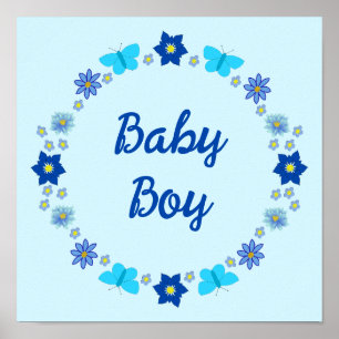 Poster Papillons et Fleurs Bleus pour Bébé Garçon Personn
