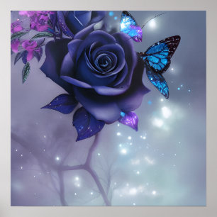 Poster Papillons et Rose pourpre
