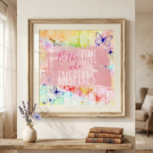 Poster Papillons et roses Shabby Chic sur citation en boi