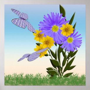 Poster Papillons fleur sauvage et En vichy