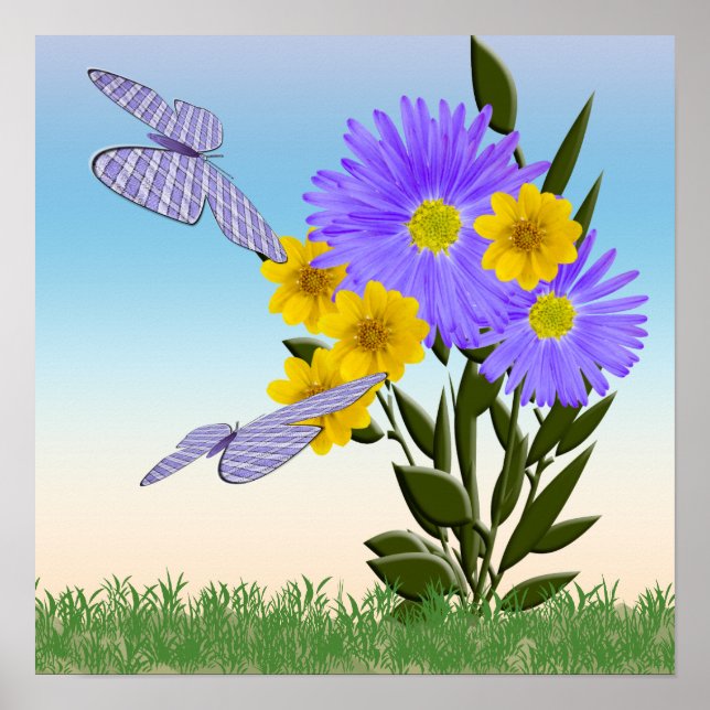 Poster Papillons fleur sauvage et En vichy (Devant)