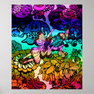 Poster Papillons, fleurs, arc-en-ciel, ange