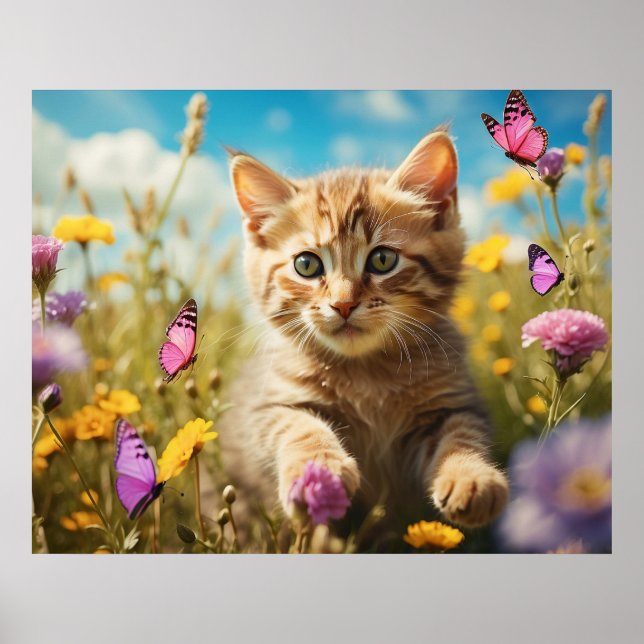 Poster *~* Papillons Fleurs Kitty 5:4 Kitten Cat AP68 (Devant)