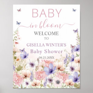 Poster Papillons Fleurs sauvages violets rose bébé en fle