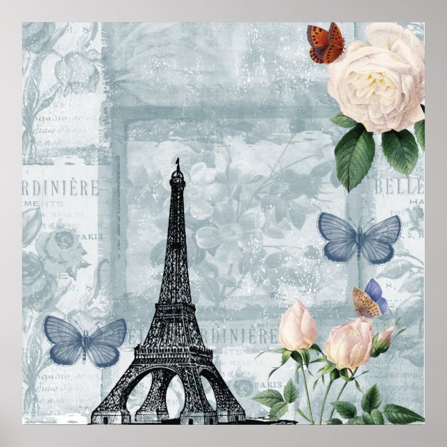 Poster Papillons français vintages et Rose (Devant)