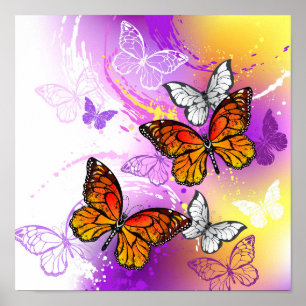 Poster Papillons Monarque sur Arrière - plan pourpre