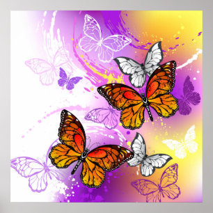 Poster Papillons Monarque sur Arrière - plan pourpre