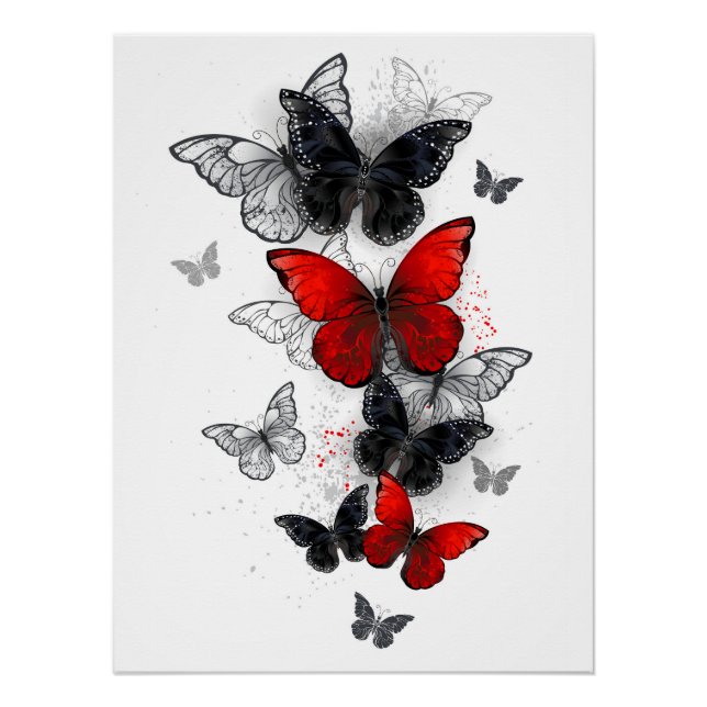 Poster Papillons noirs et rouges volants (Devant)
