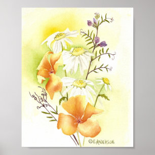 Poster papillons orange, marguerites blanches et pois dou