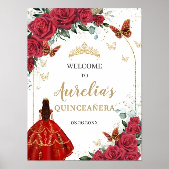 Poster Papillons rouges Floral Quinceañera Princess Gold (Devant)