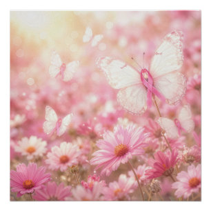 Poster Papillons Ruban Rose dans un Jardin de Pâquerettes