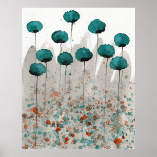 Poster Papillons turquoises et gris, Aquarelle Fleurs Mur