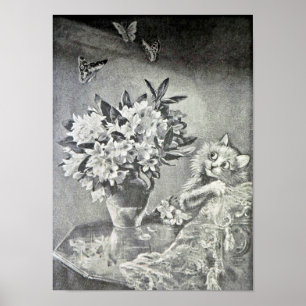 Poster Papillons, Vase à fleurs, Chat, Louis Wain