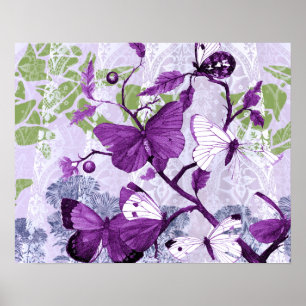 Poster Papillons violets sur les branches Imprimer