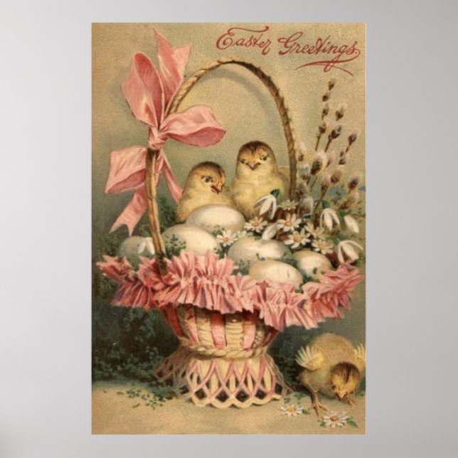 Poster Pâques Panier Oeuf Chick Pink Bow Oubliez-Moi Pas (Devant)