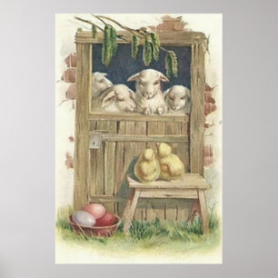 Poster Pâques Poussin Agneau Grange Oeuf Coloré Peint