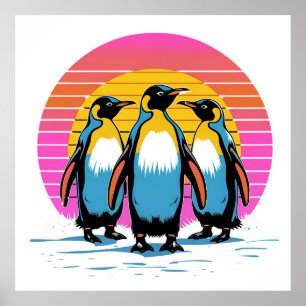 Poster Parade des pingouins - Retro Sunset Famille des pi