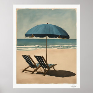 Poster Parapluie Bleu de Bord de Mer et Chaises de Plage