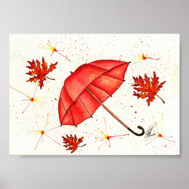 Poster Parapluie rouge vif et aquarelle feuille rouge (Devant)