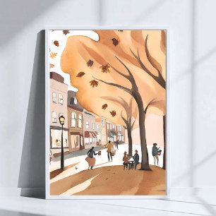 Poster Parc de la ville d'automne Art aquarelle de feui