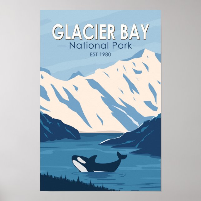 Poster Parc national de Glacier Bay Alaska Orca Art Vinta (Devant)