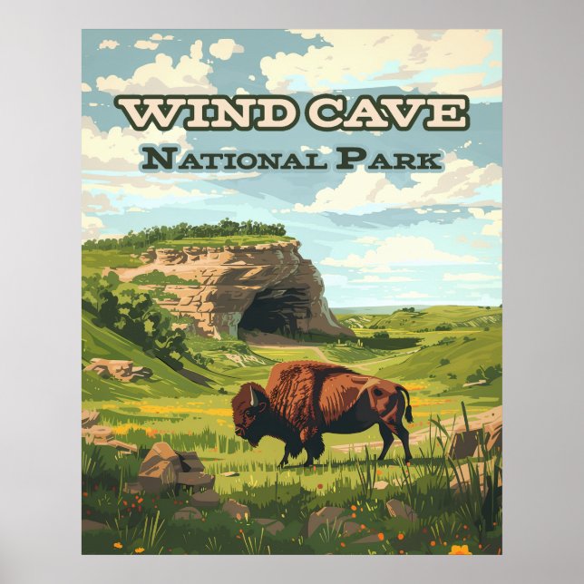 Poster Parc national de Wind Cave Bison Dakota du Sud (Devant)
