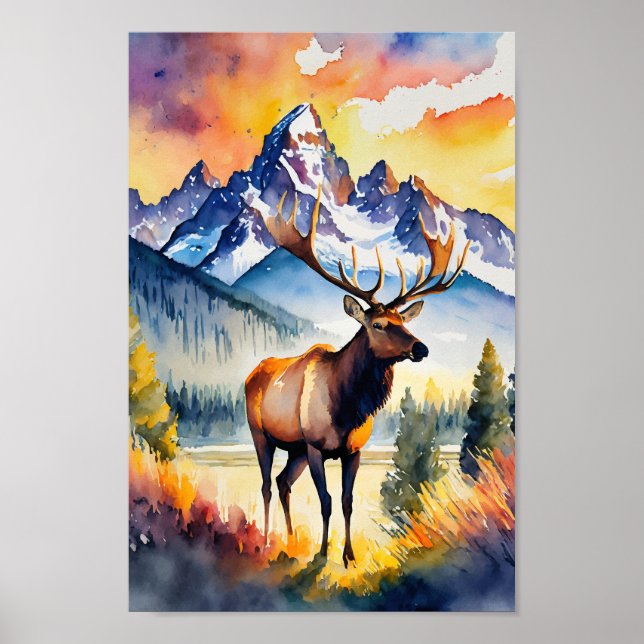 Poster Parc national du Grand Teton Elk Wyoming Aquarelle (Devant)