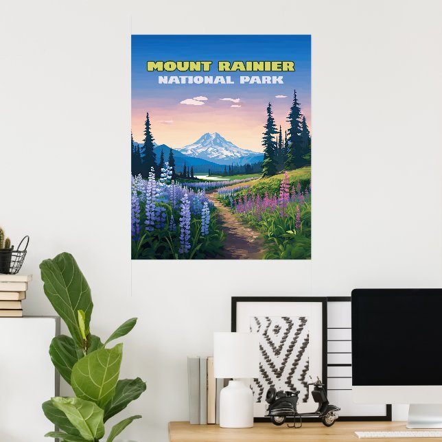 Poster Parc national du Mont Rainier Washington Retro (Bureau à domicile)
