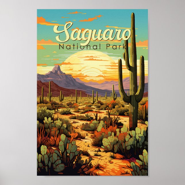 Poster Parc national du Saguaro Illustration Rétro (Devant)