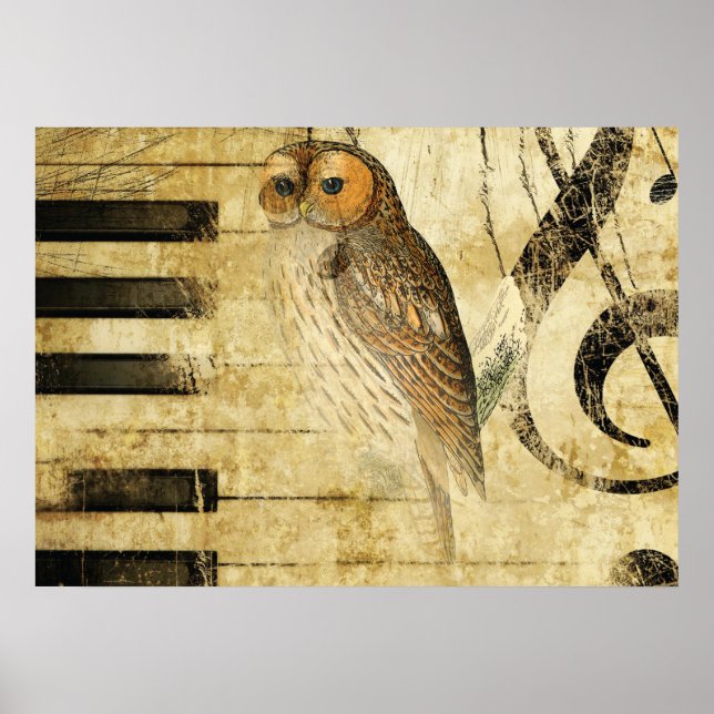 Poster Parchemin vintage ~ Chouette sur piano (Devant)