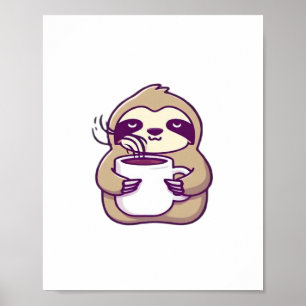 Poster Paresseux Chibi Mignon avec Tasse à Café � Mignon