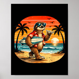 Poster Paresseux surfeur Hawaii vague surf plage