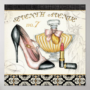 Poster Parfum, rouge à lèvres et une chaussure à talons h