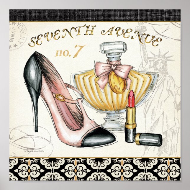 Poster Parfum, rouge à lèvres et une chaussure à talons h (Devant)