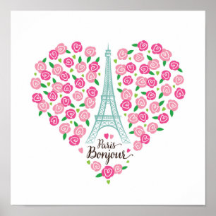 Poster Paris Bonjour Coeur floral