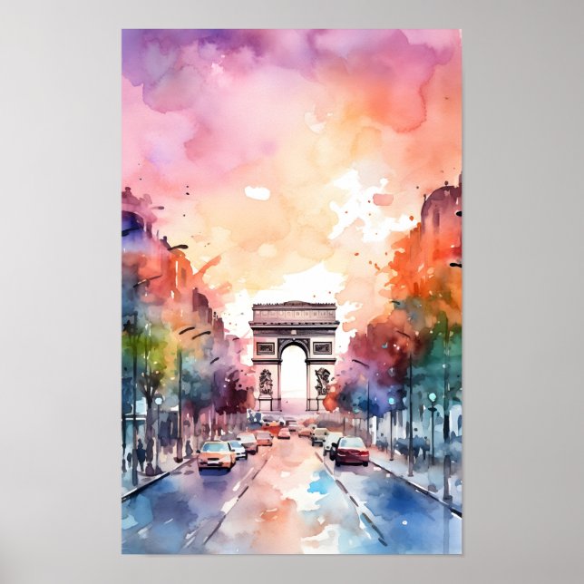 Poster Paris Champ Elysées Aquarelle Mur Art Imprimer (Devant)