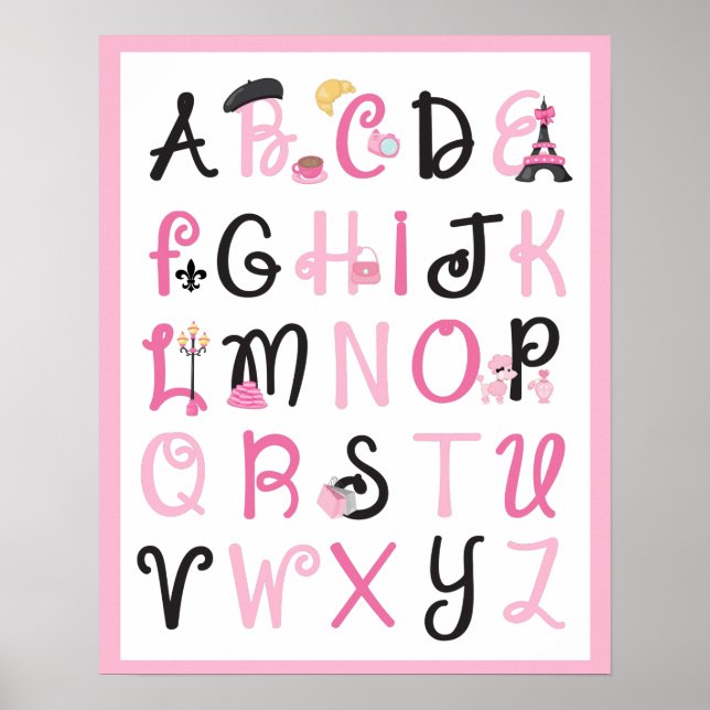 Poster Paris France Alphabet A à Z sur fond rose clair (Devant)