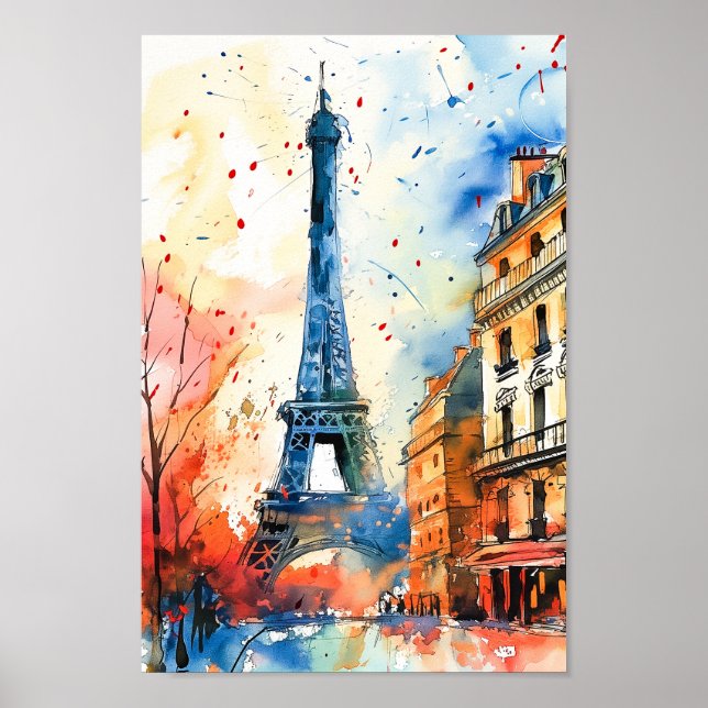 Poster Paris France Aquarelle Peinture Voyage (Devant)