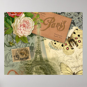 Poster Paris France Art Antique Collage Eiffel Français
