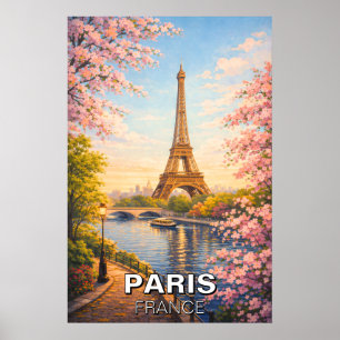 Poster Paris France Tour Eiffel Fleurs de Cerisier Vintag