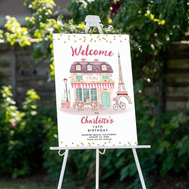 Poster Paris Nuit Eiffel Bistro Pink Green Party Bienvenu (paris bistro eiffel tower pink mint gold confetti birthday party welcome sign poster)