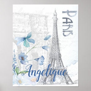 Poster Paris Scène et Fleurs Bleues Personnalisées