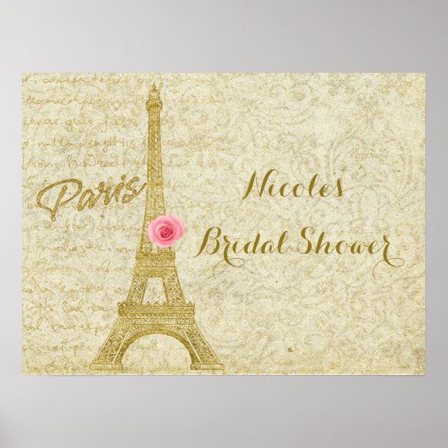Poster Paris Tour Eiffel Bannière Elégante Or & Rose (Devant)