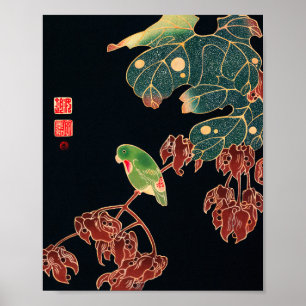 Poster Paroquet Vintage Oiseau Bois japonais Imprimer