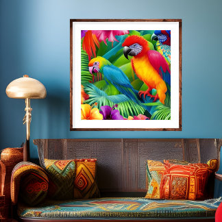 Poster Parrot 3 Oiseaux Tropical Floral palmiers bleu vio